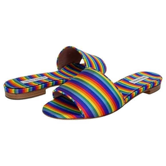 Tabitha Simmons Womens Slide Sandals EU 36 US 6 Sprinkles Rainbow Stripe Silk - Picture 9 of 13